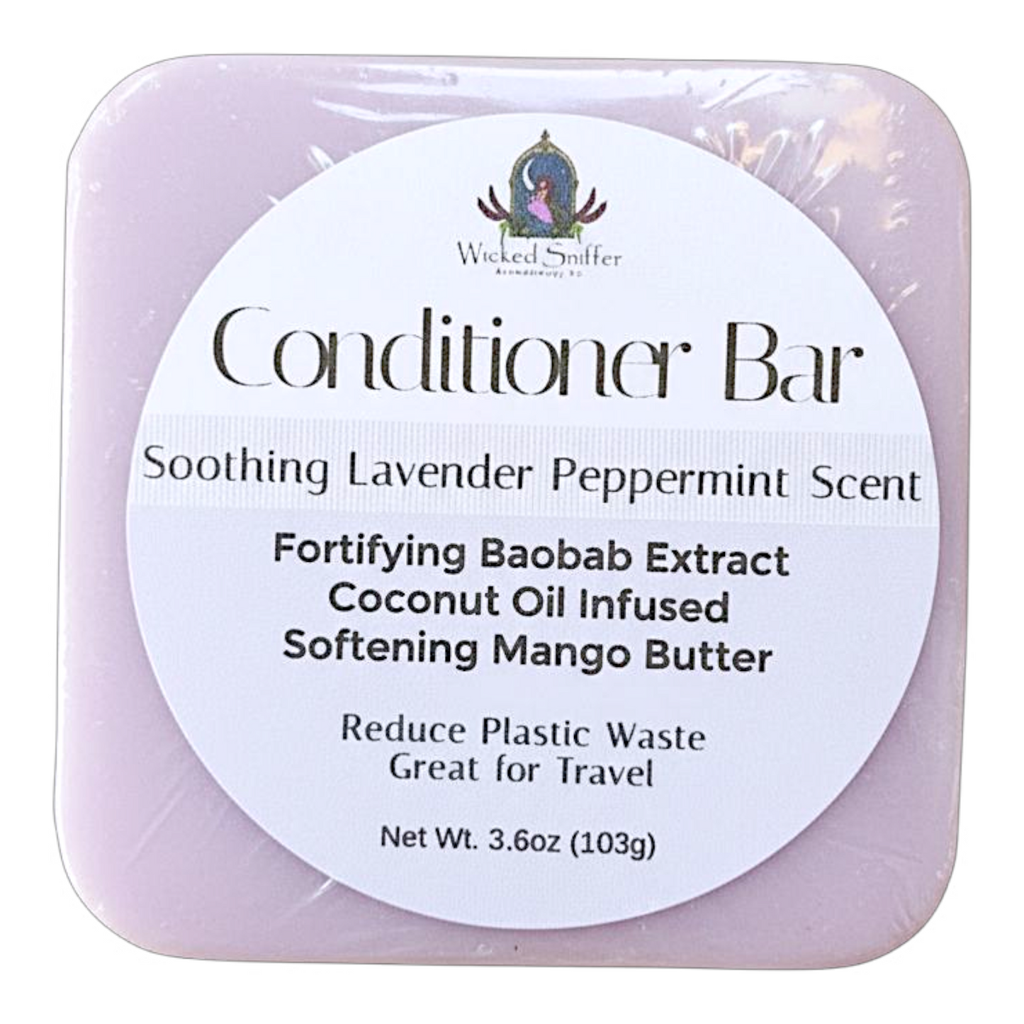 Conditioner bar packaging with lavender color and Wicked Stuffer branding.