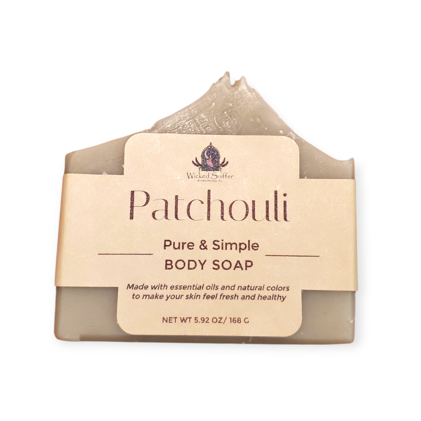 Patchouli body soap with a beige label on a white background