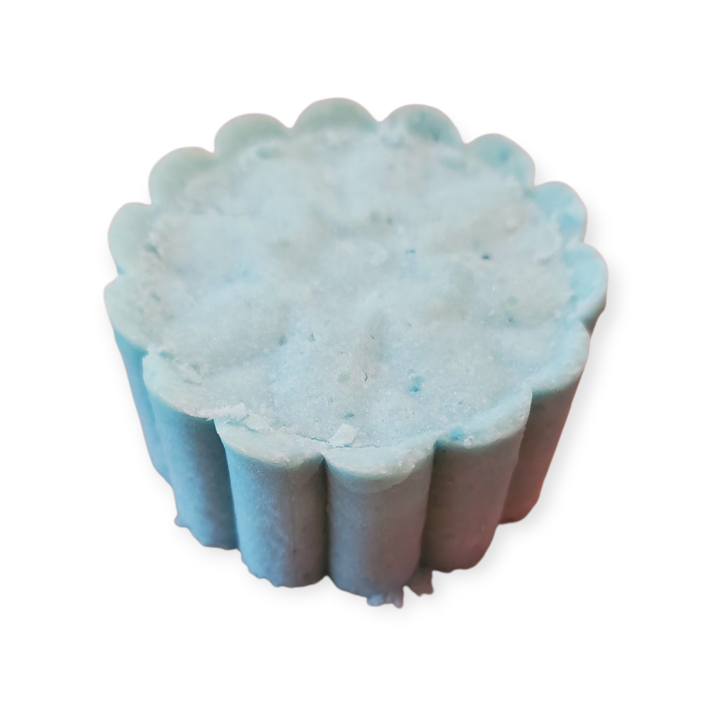 Blue shower steamer with decorative top on a white background