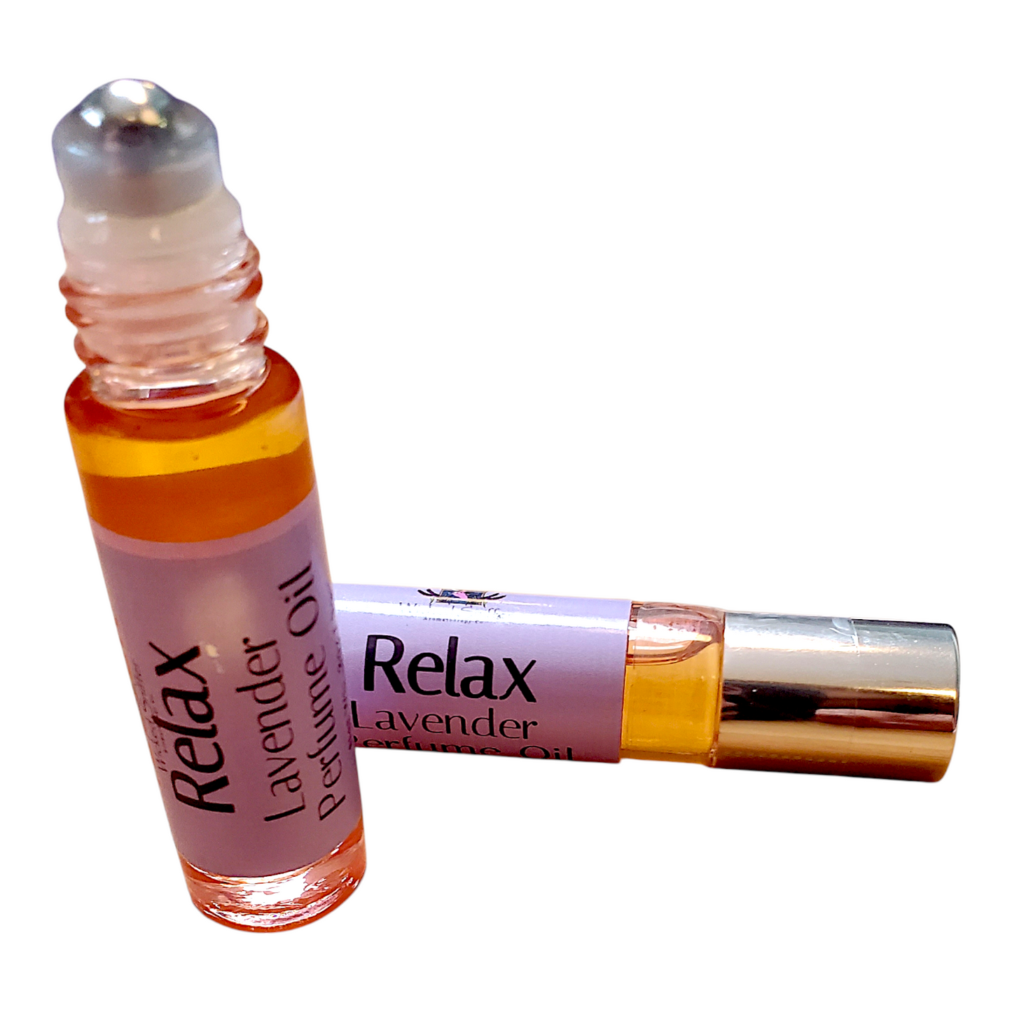 Two bottles of Relax Lavender Perfume Oil on a white background