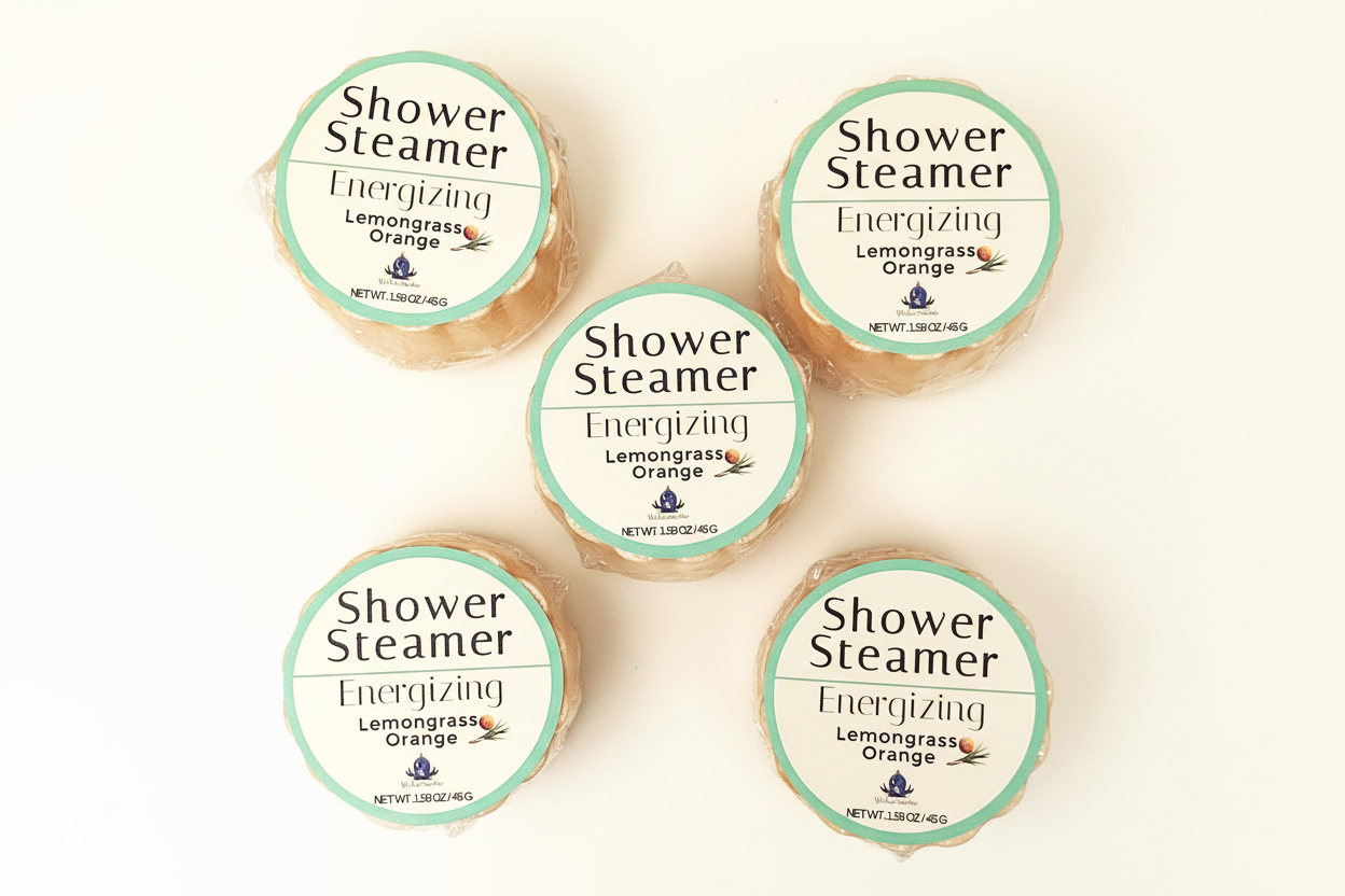 Five Shower Steamer containers labeled 'Energizing Lemongrass Orange' on a white background.