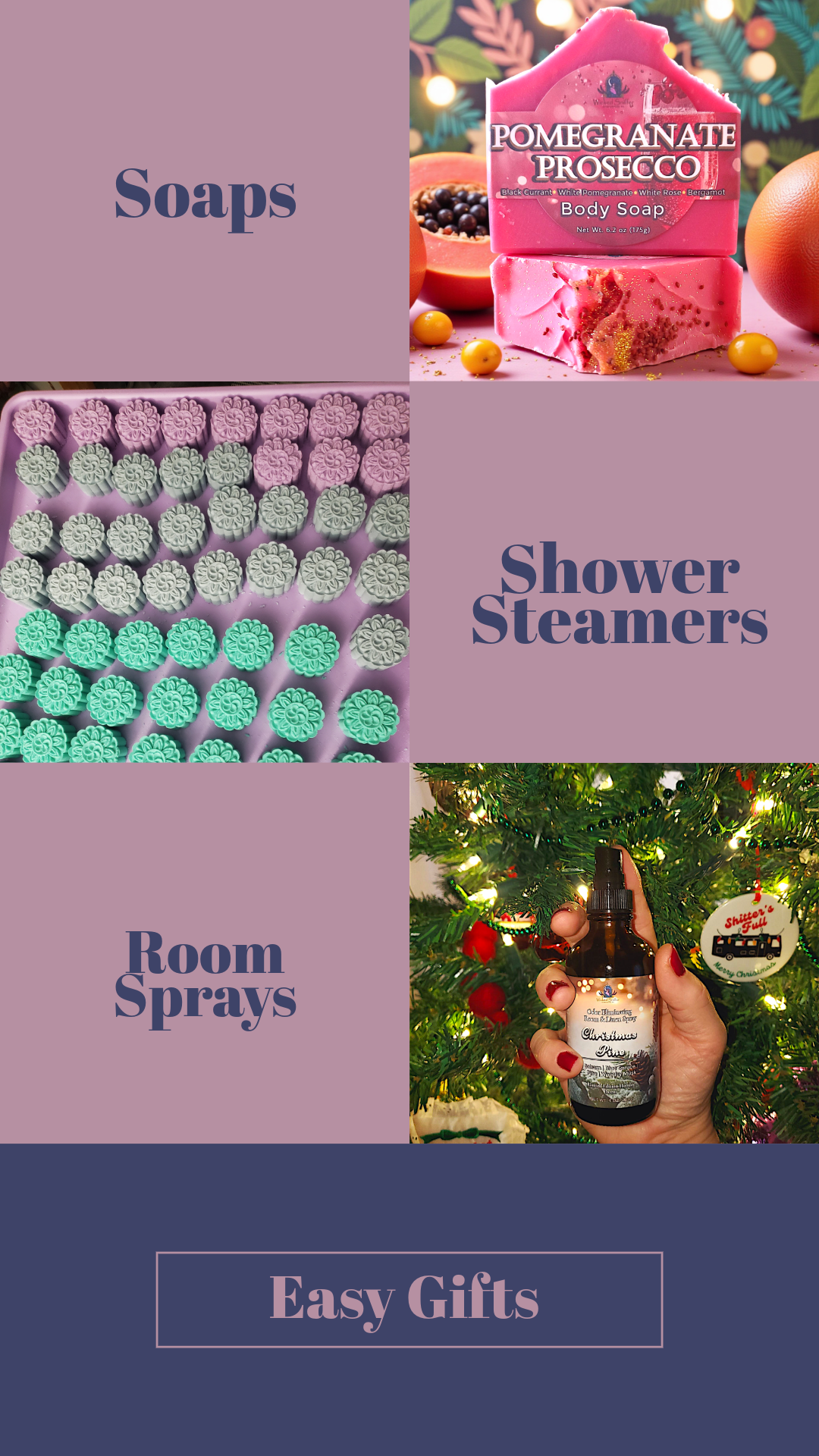 Pink squares with blue text and photos of soap, shower steamers and room spray.
