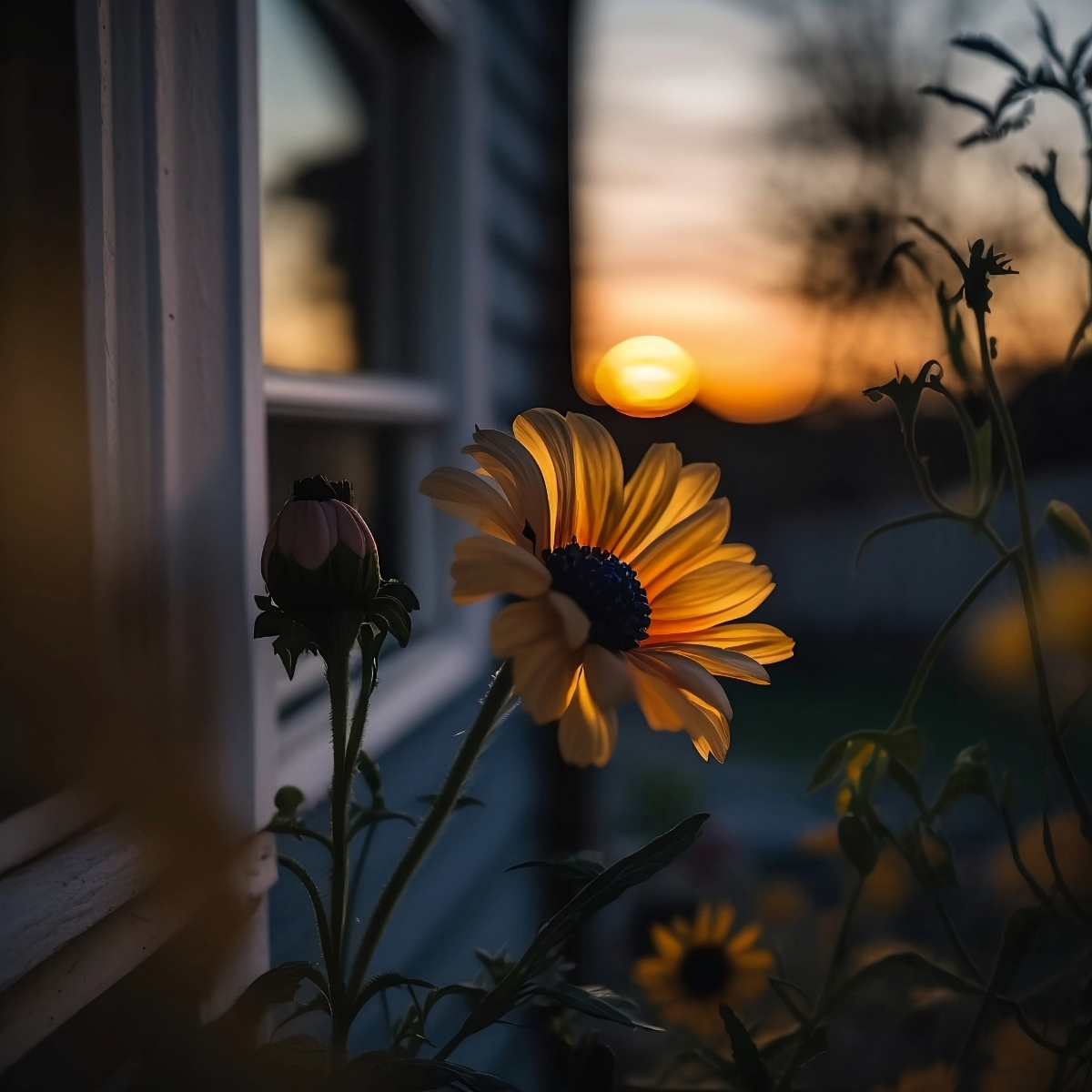 Yellow flower with house in background and sunset.