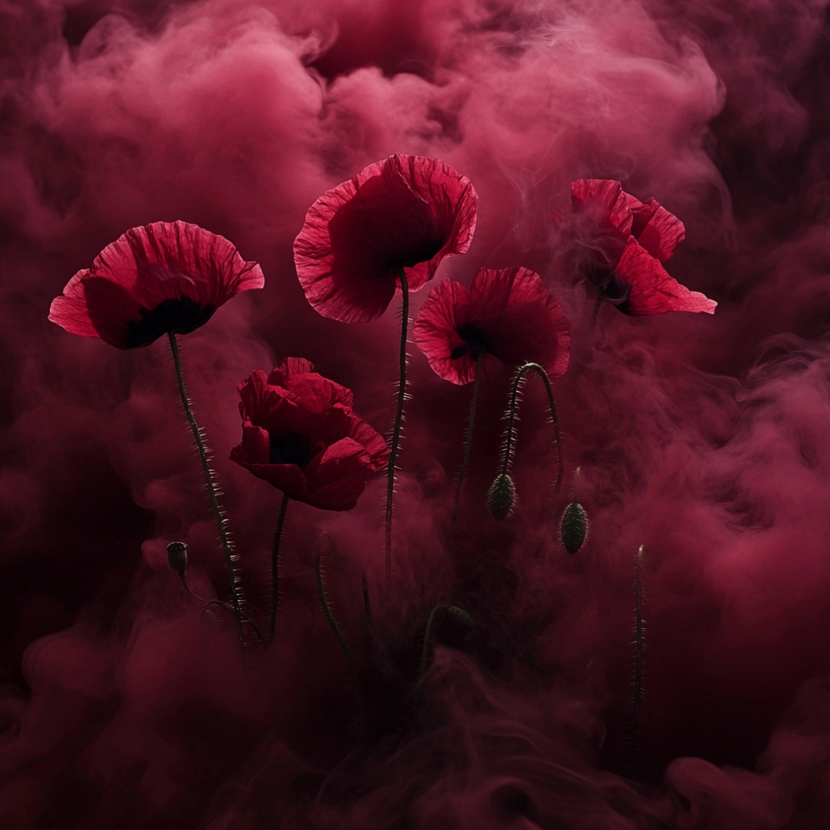 Red poppies with red mist in background.