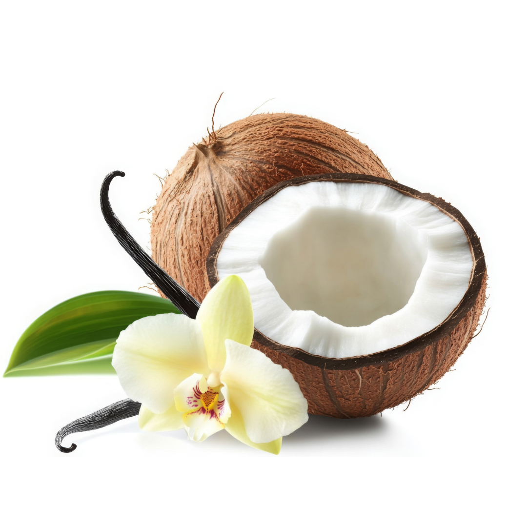A coconut with a vanilla flower on a white background.