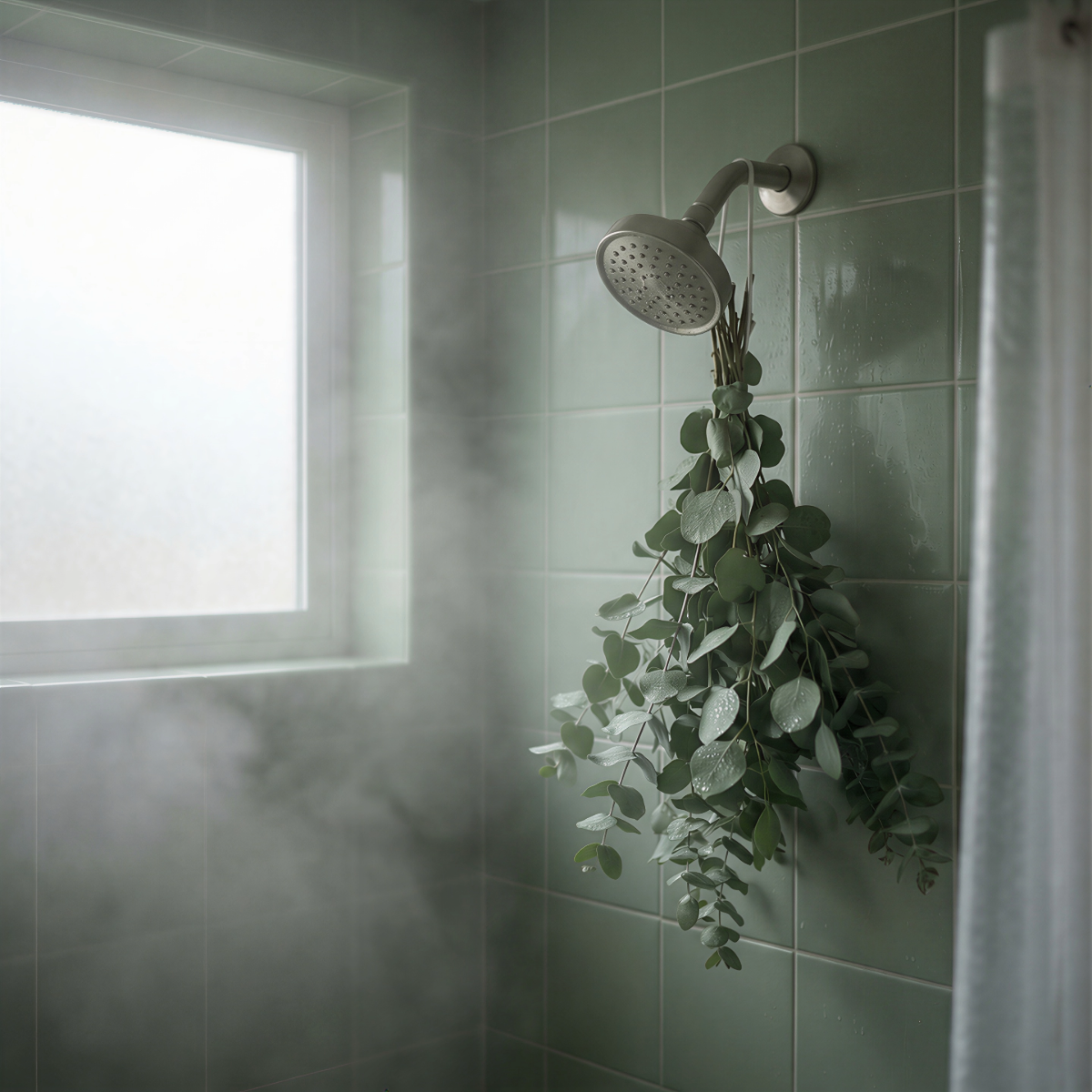  A steamy shower with a window with eucalyptus leaves hanging from shower head.