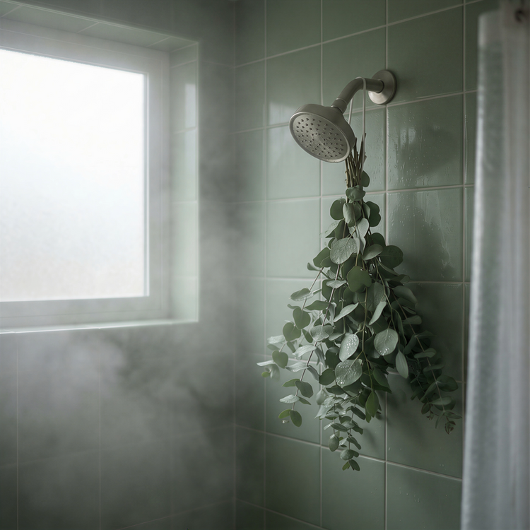  A steamy shower with a window with eucalyptus leaves hanging from shower head.
