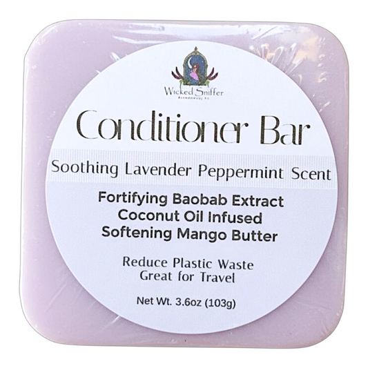 Conditioner bar packaging with lavender color and Wicked Stuffer branding.