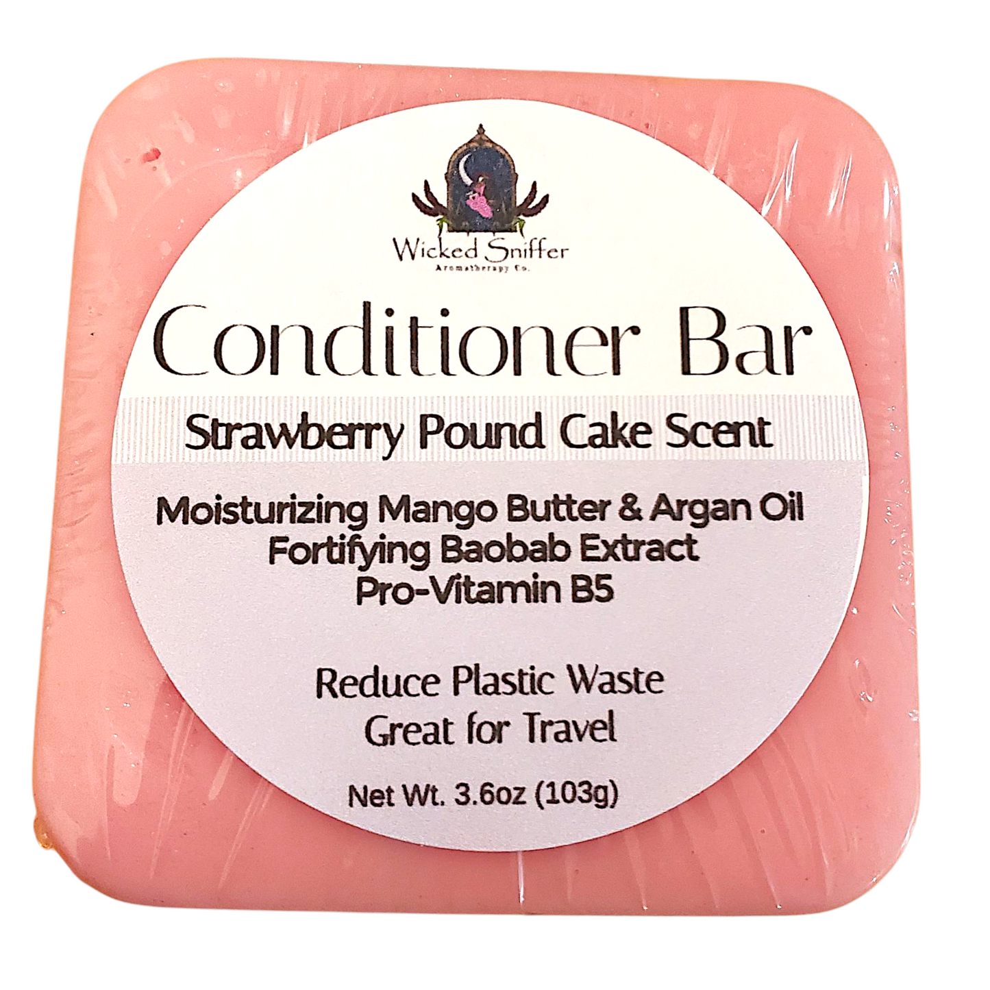 Pink conditioner bar with a label on a white background