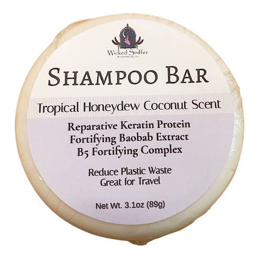 Shampoo bar with a label detailing ingredients and benefits on a white background