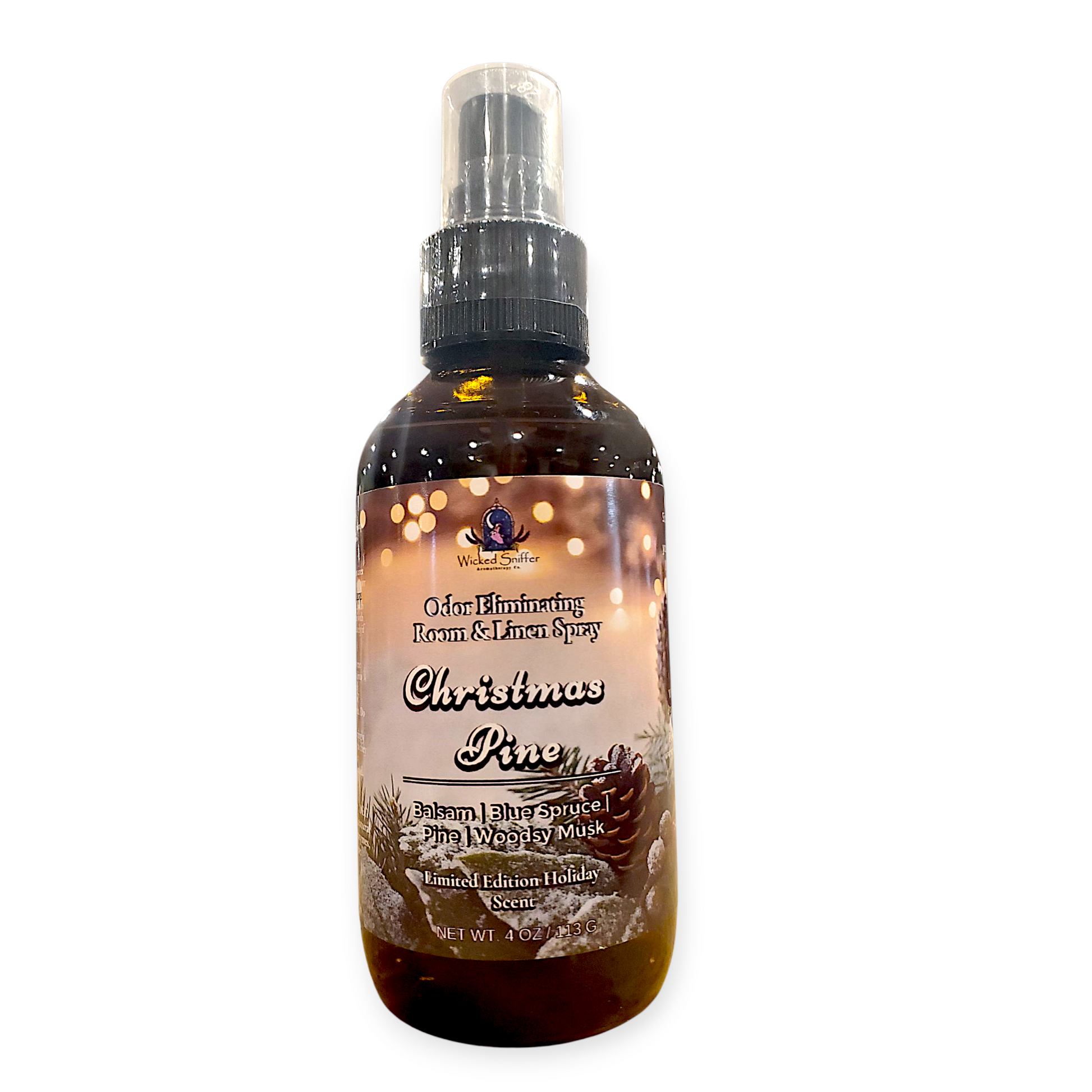 Bottle of Christmas Pine room and linen spray with a white background