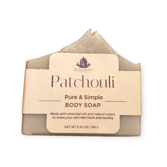 Patchouli body soap with a beige label on a white background