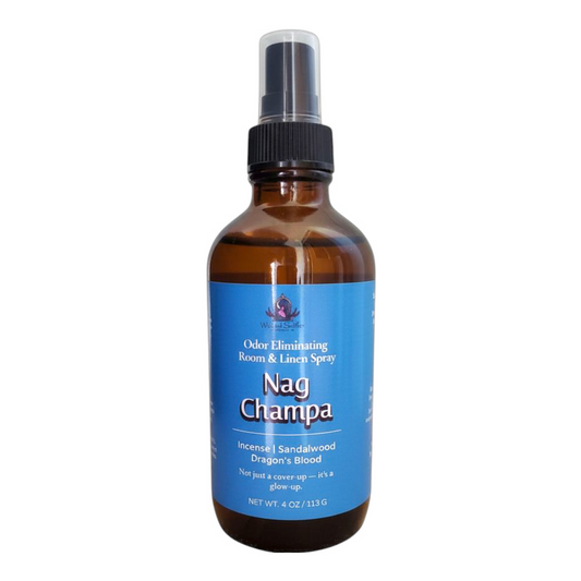 Brown spray bottle labeled 'Nag Champa' on a white background