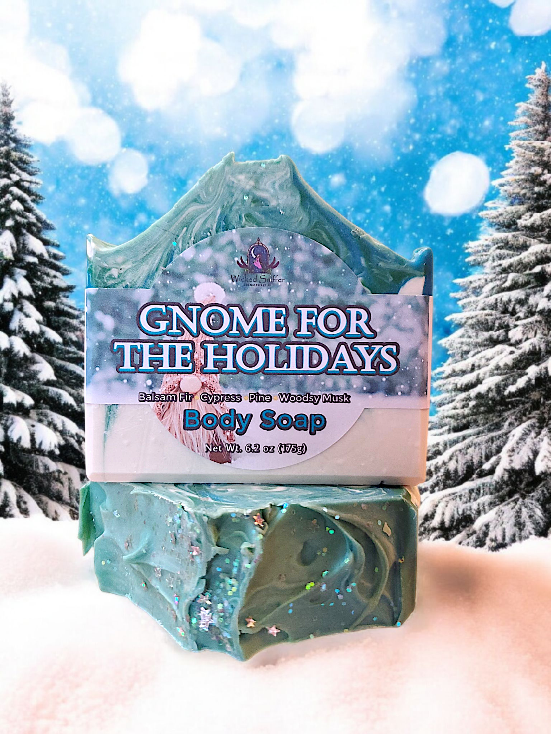 Body soap bar with 'Gnome for the Holidays' packaging against a snowy background