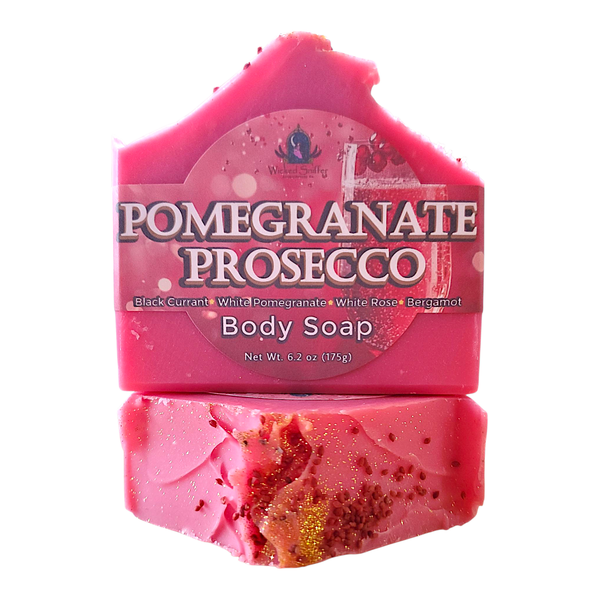Pink soap bar with 'Pomegranate Prosecco' label on a white background