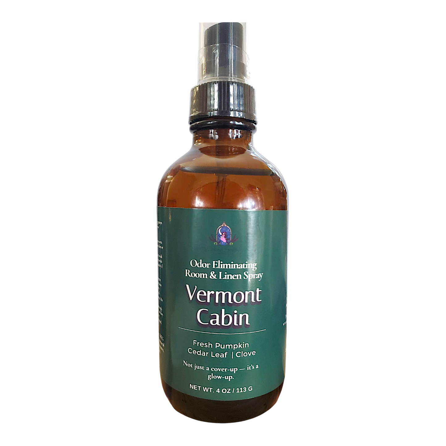 Bottle of Vermont Cabin room and linen spray on a white background