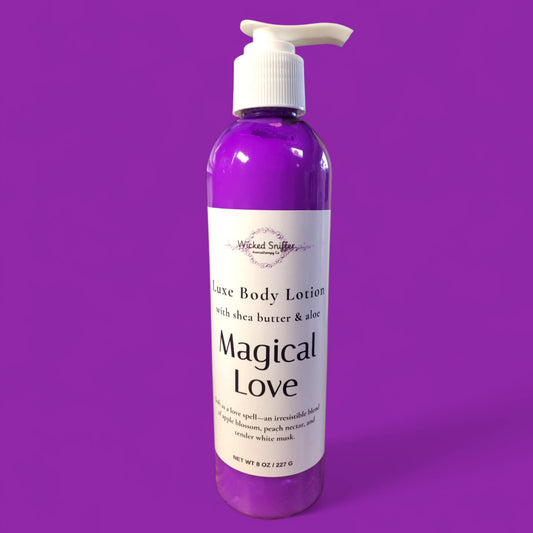Bottle of 'Magical Love' body lotion with a pump on a purple background