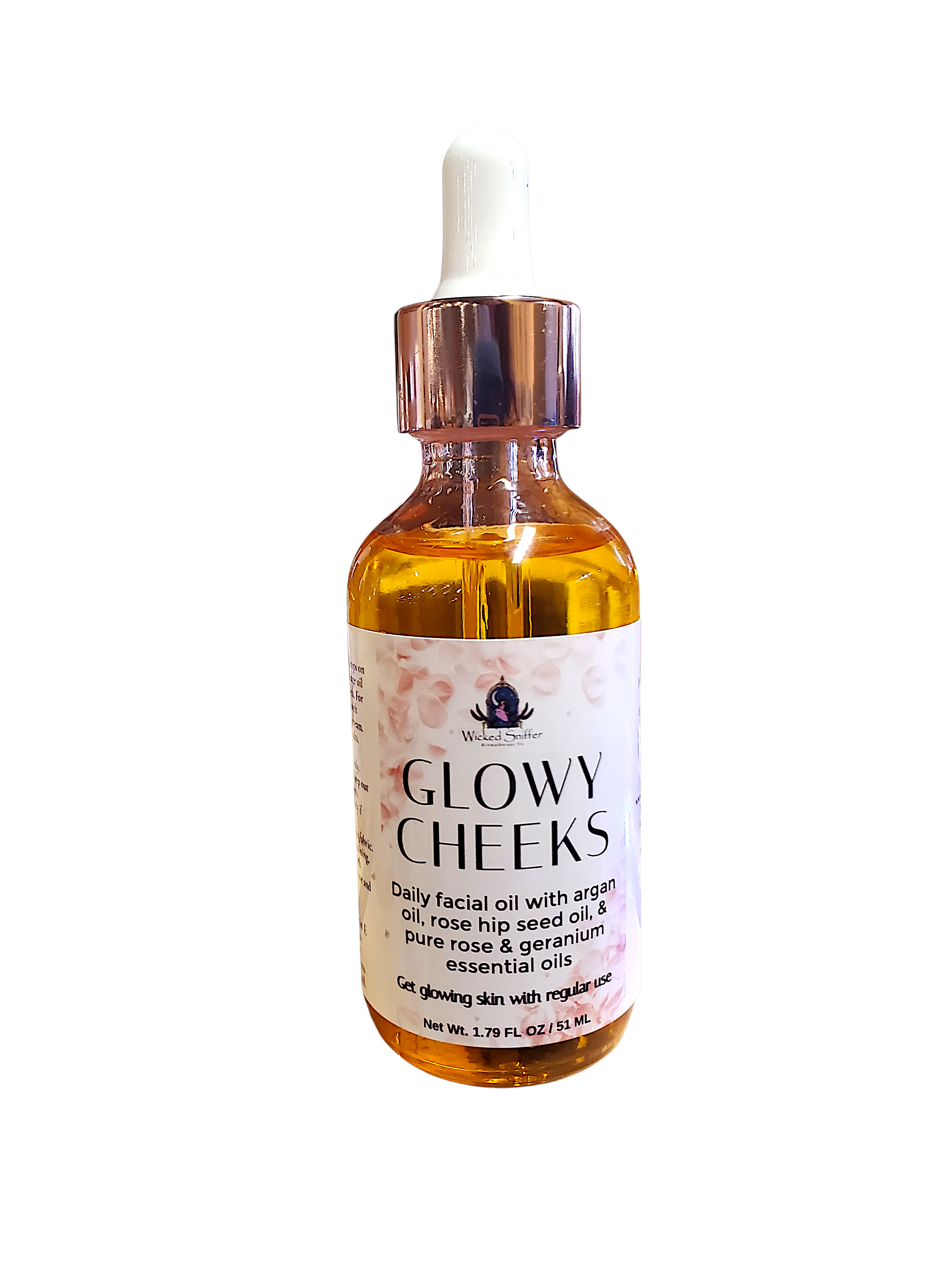 Bottle of 'Glowy Cheeks' facial oil with a white background