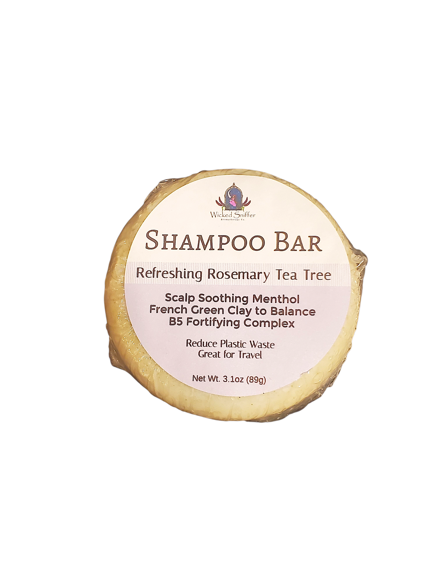 Shampoo bar with a white label on a white background