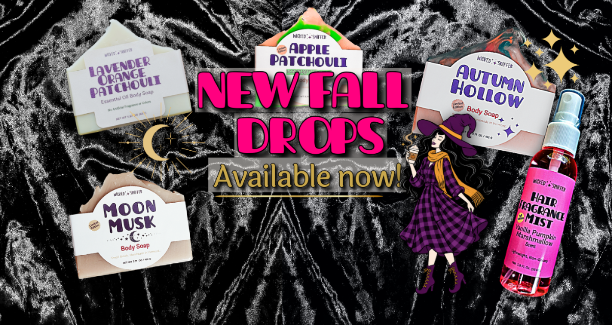 A promotional graphic for fall-themed body soaps and a body spray, with the text 'NEW FALL DROPS Available now!' over a black velvet background. The products shown include lavender and orange patchouli body soap, apple patchouli body soap, autumn hollow body soap, moon musk body soap, and a pink vanilla Pumpkin marshmallow hair fragrance mist spray bottle, each with a styled paper label.