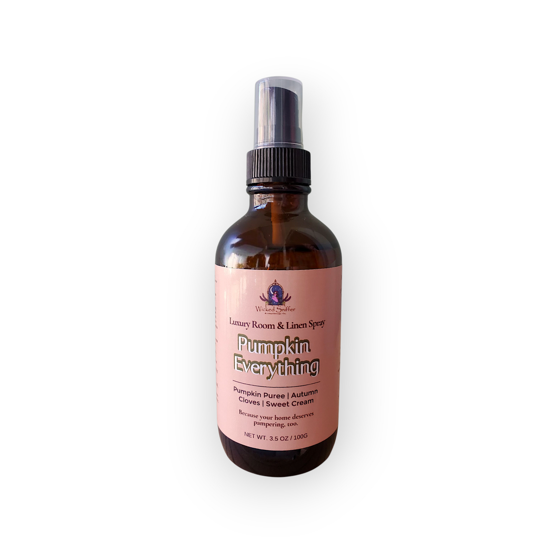 Bottle of 'Pumpkin Everything' room spray with a pink label on a white background