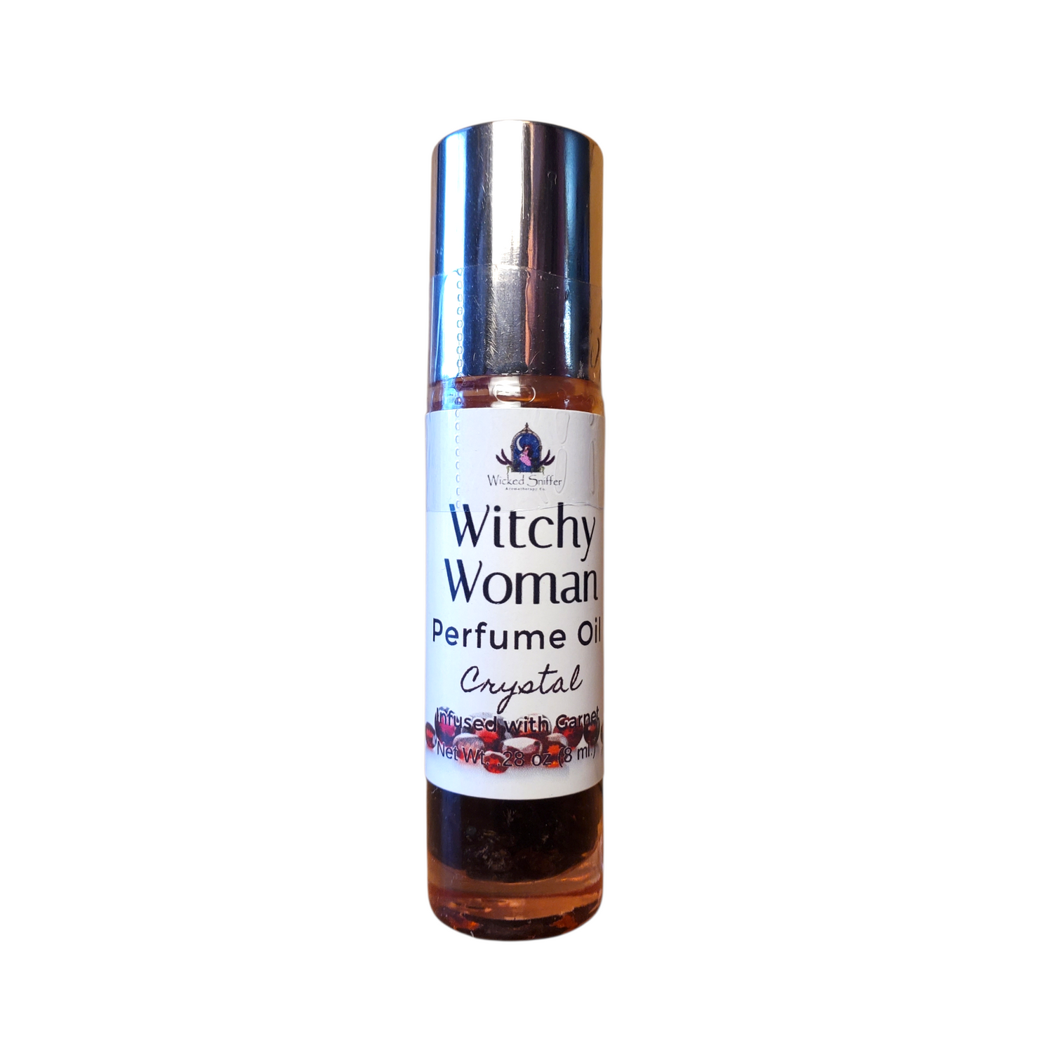 Bottle of Witchy Woman Perfume Oil on a white background