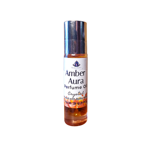 Amber Aura perfume oil bottle on a white background
