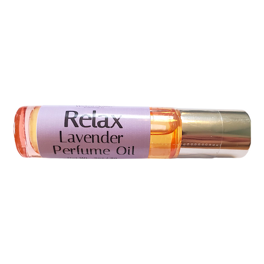 Lavender perfume oil with 'Relax' label on a white background