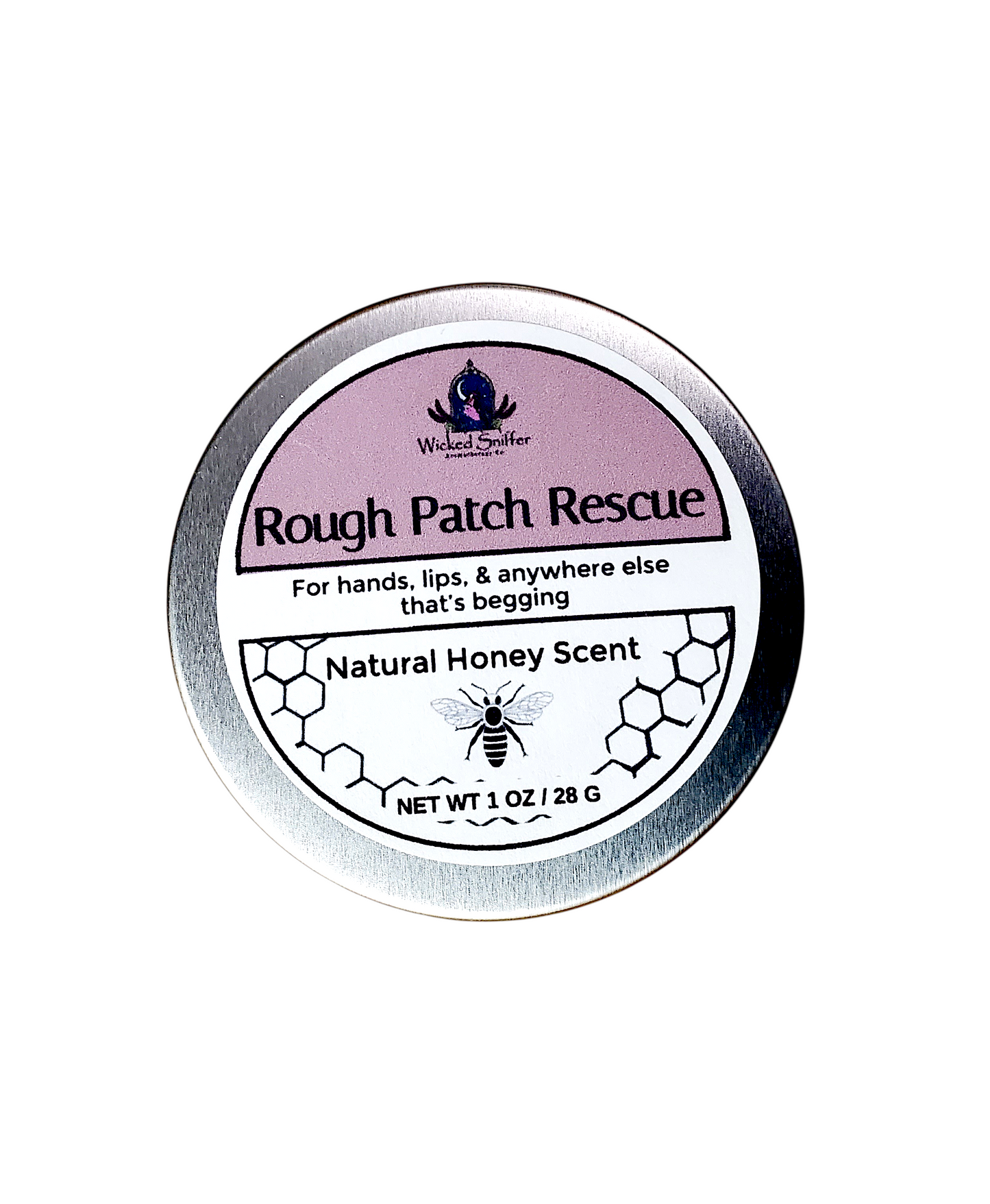 Tin of Rough Patch Rescue with purple label on a white background