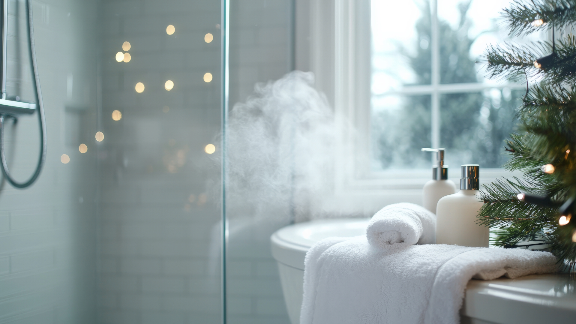 Bathroom with a Christmas tree, towels, and toiletries near a window with lights.
