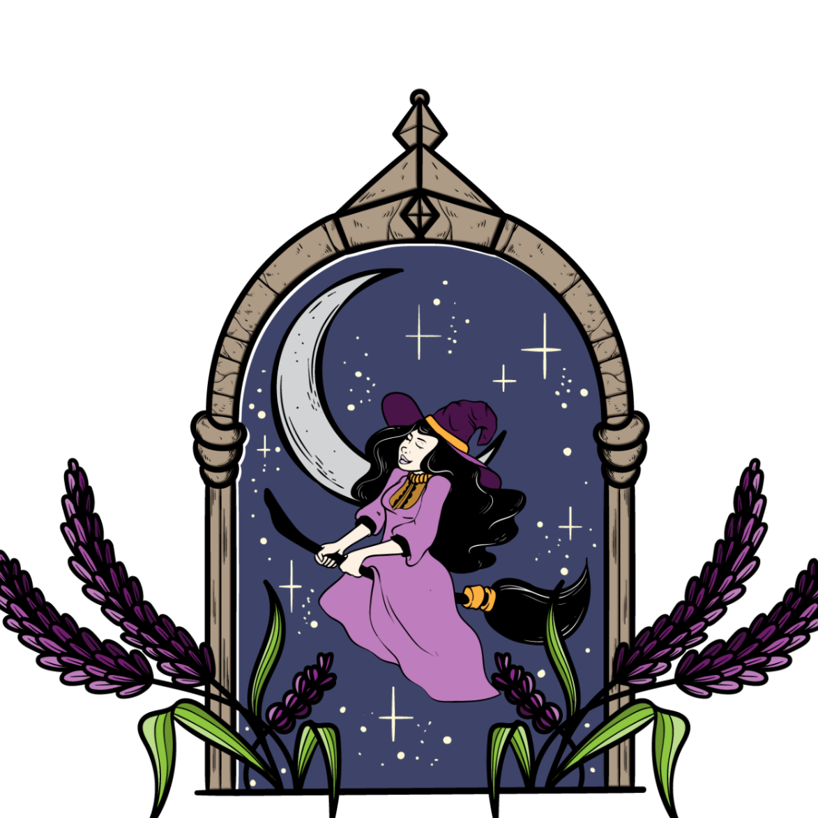 Logo of Wicked Sniffer with a witch and lavender design.
