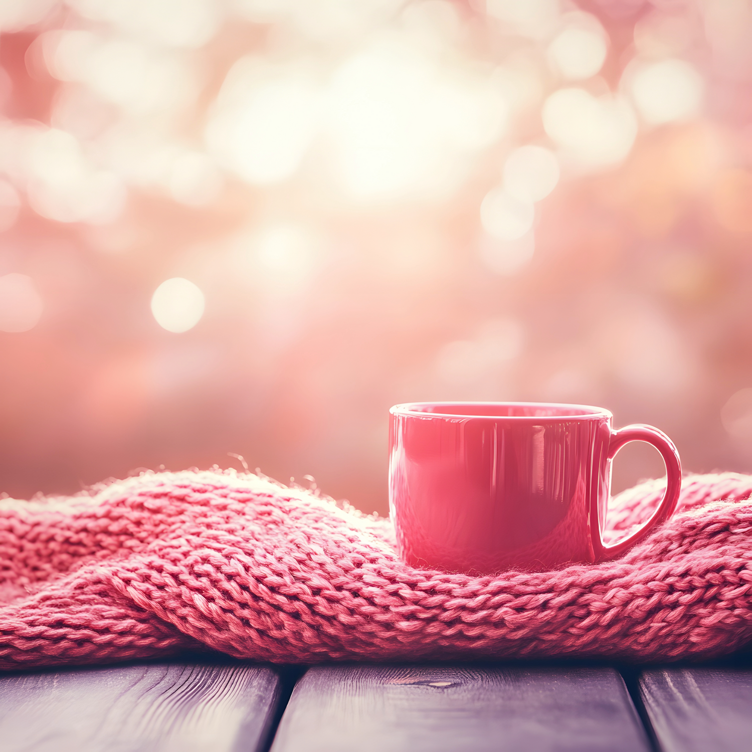 Red mug on a pink knitted blanket with a blurred, warm-toned background