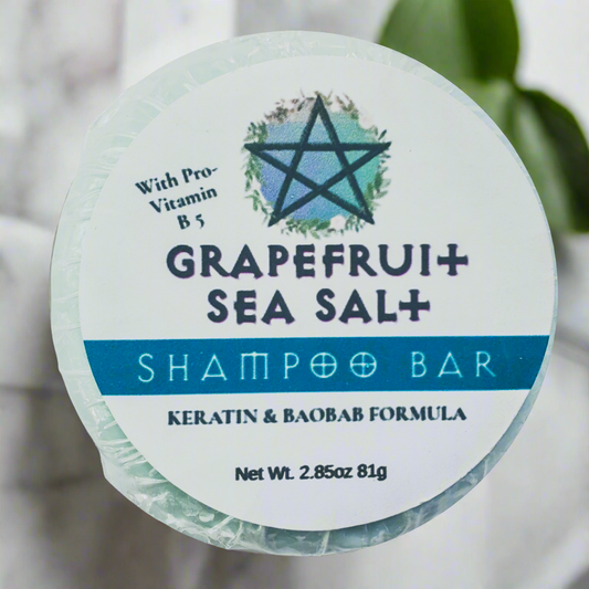 Grapefruit Sea Salt scented shampoo bar with pro-vitamin b5, keratin and baobab proteins. 