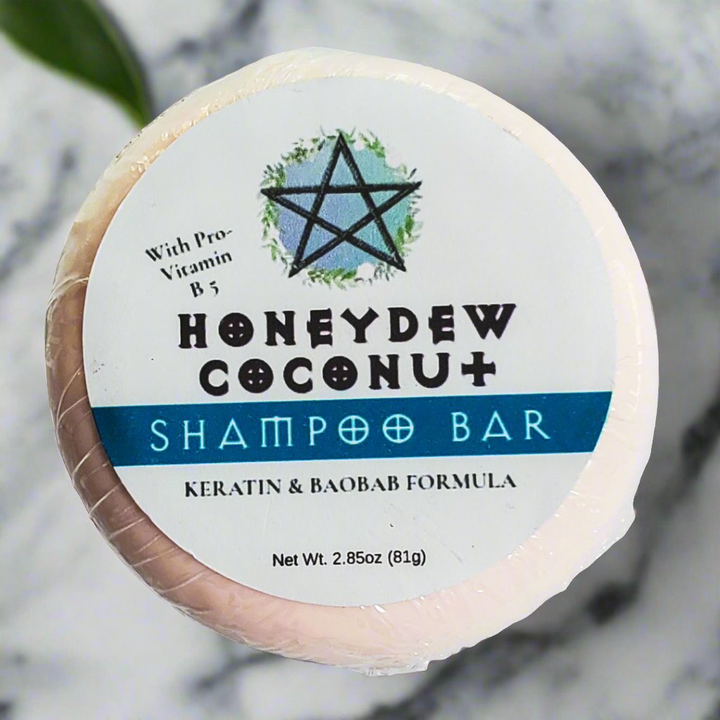 Honeydew Coconut scented shampoo bar made with keratin and baobab proteins, and pro-vitamin b5.