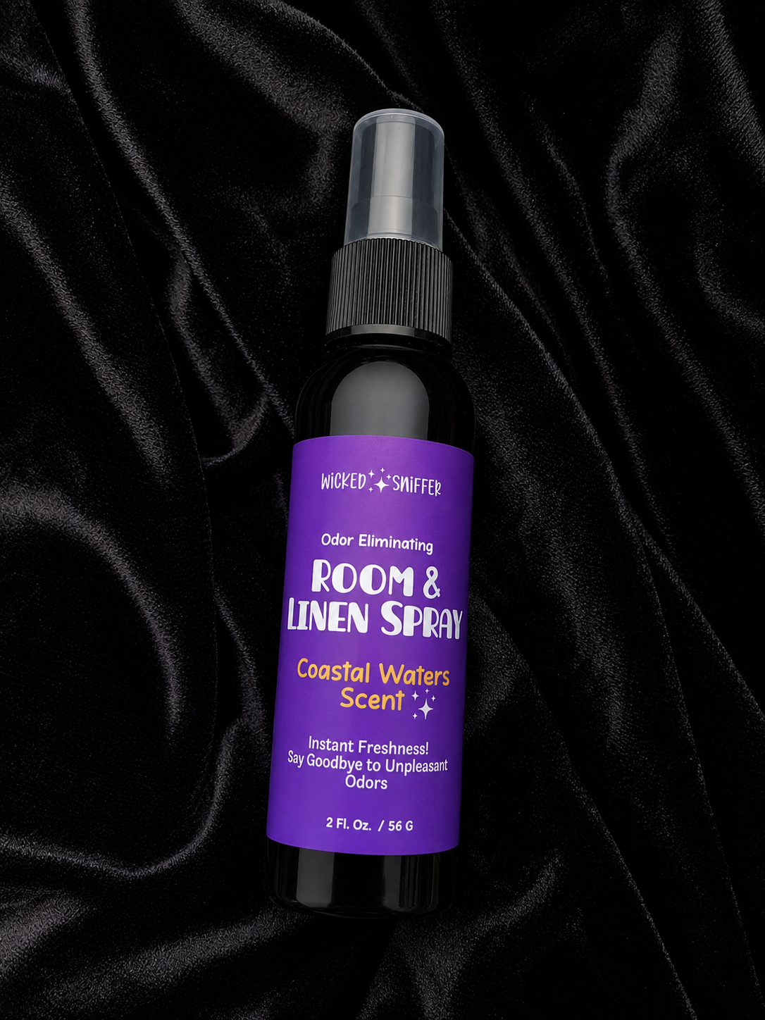 Bottle with purple label on a black background 