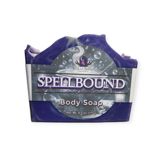 Body soap packaging with 'Spellbound' branding on a white background