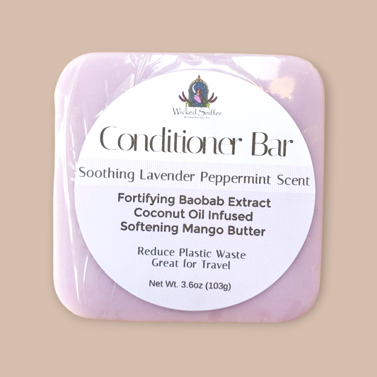 Conditioner bar with a label on a beige background