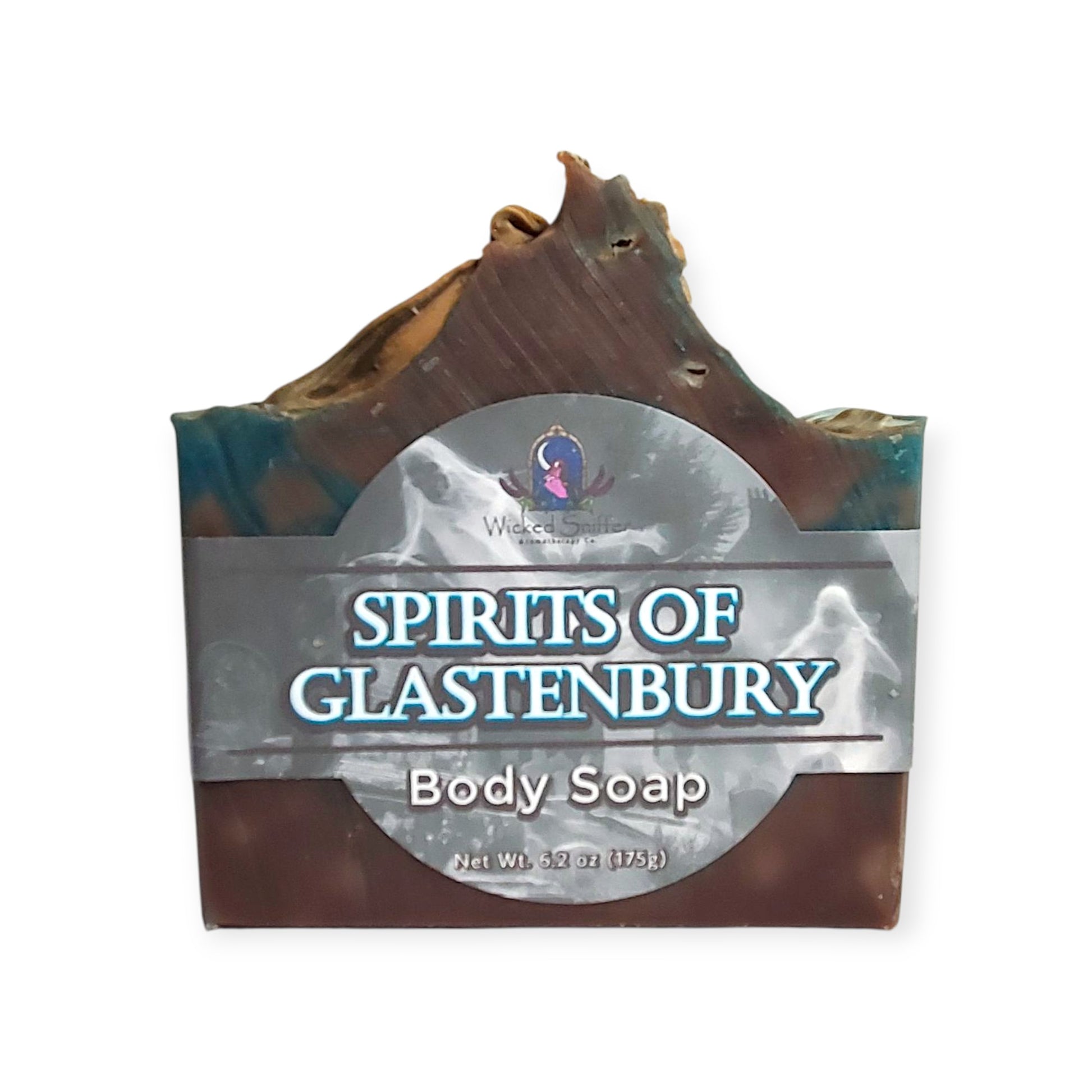Bar of soap with 'Spirits of Glastenbury' branding on a white background
