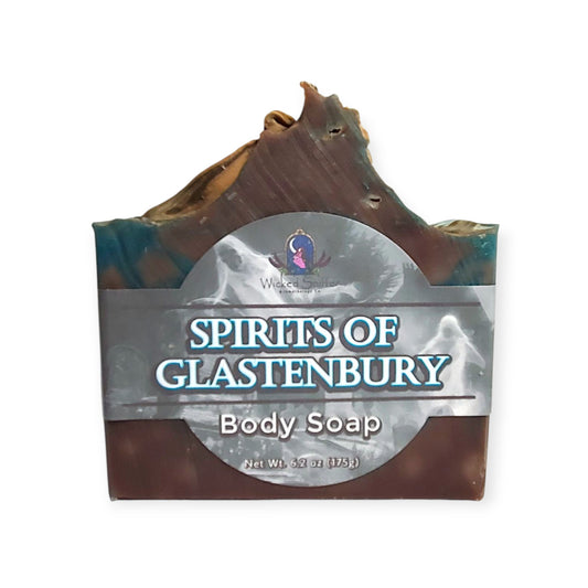Bar of soap with 'Spirits of Glastenbury' branding on a white background
