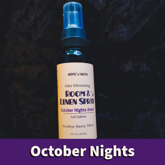 A 2 fl oz room and linen spray bottle with a spray top and a cream-colored label, set against a dark textured background with a purple banner at the bottom reading 'October Nights'.