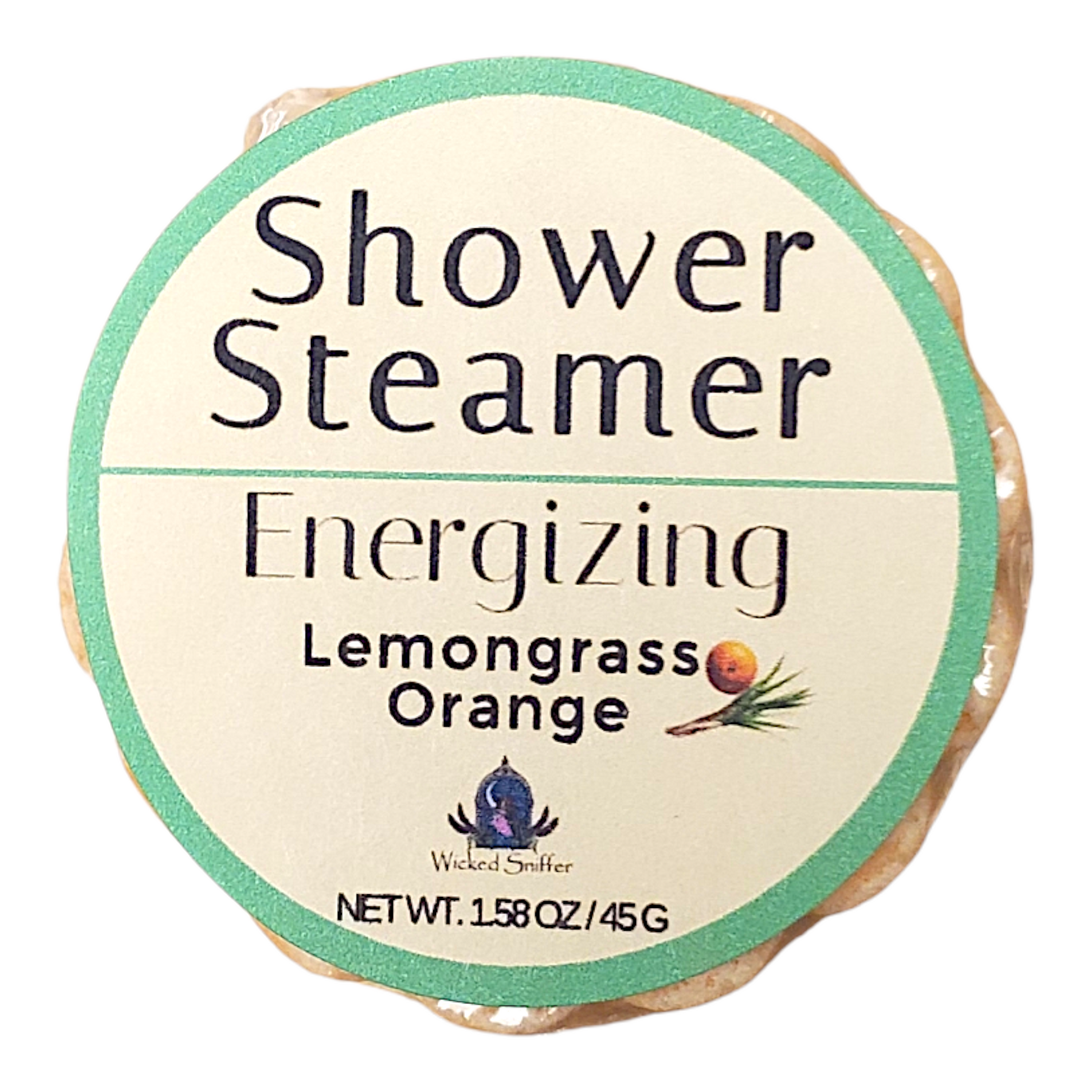 Shower steamer packaging with 'Energizing Lemongrass Orange' text on a white background