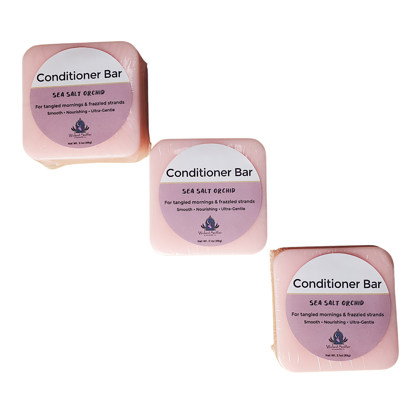Three conditioner bars labeled 'Sea Salt Orchid' on a white background