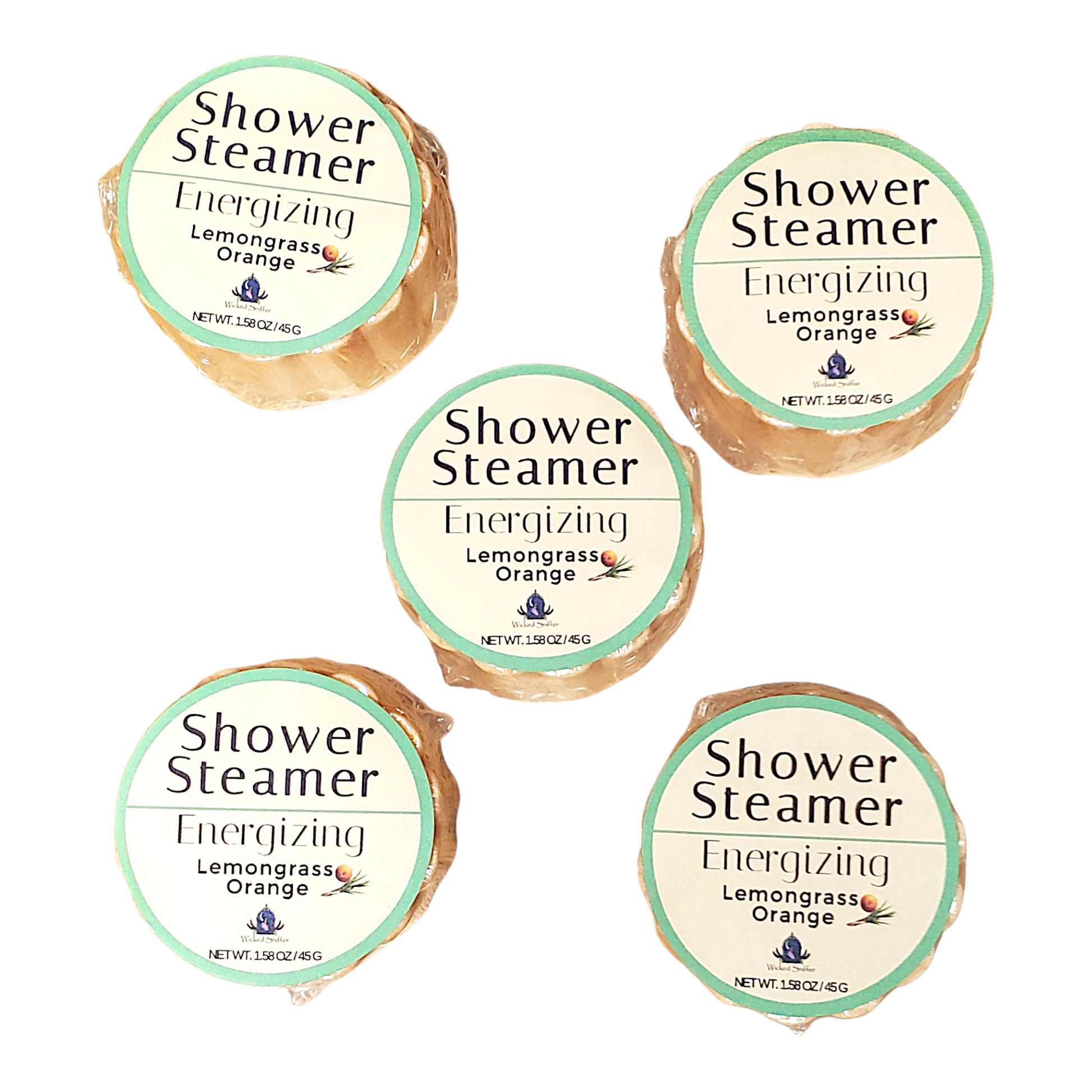 Five Shower Steamer containers labeled 'Energizing Lemongrass Orange' on a white background.