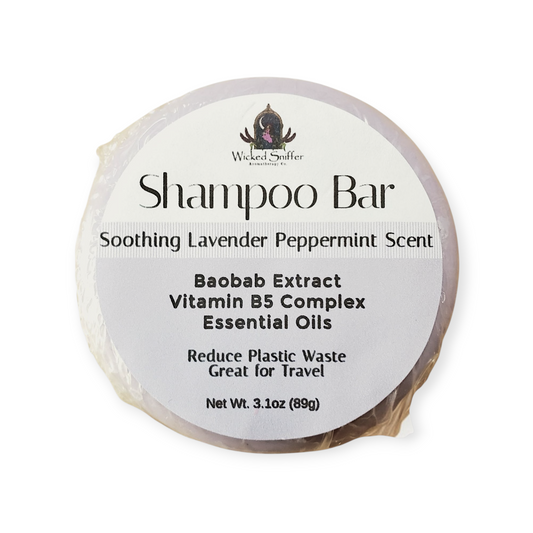 Shampoo bar with white label and black text on a white background.