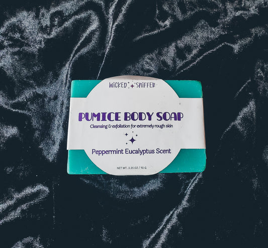 Blue soap with a white label on a black background