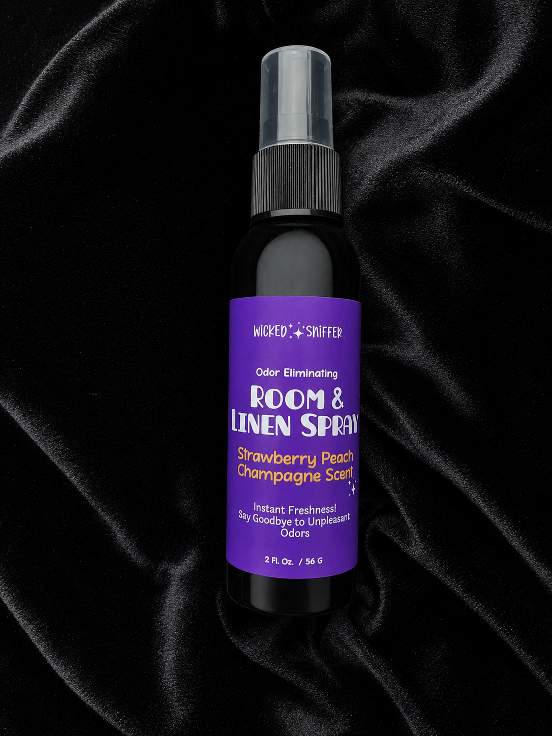 Bottle with purple label on a black background 