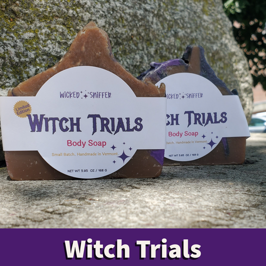 Two triangular bars of Wicked Sniffer Witch Trials body soap displayed outdoors on a stone surface in front of a large tree trunk. One bar is brown with a white label, and the other is purple with a white label.