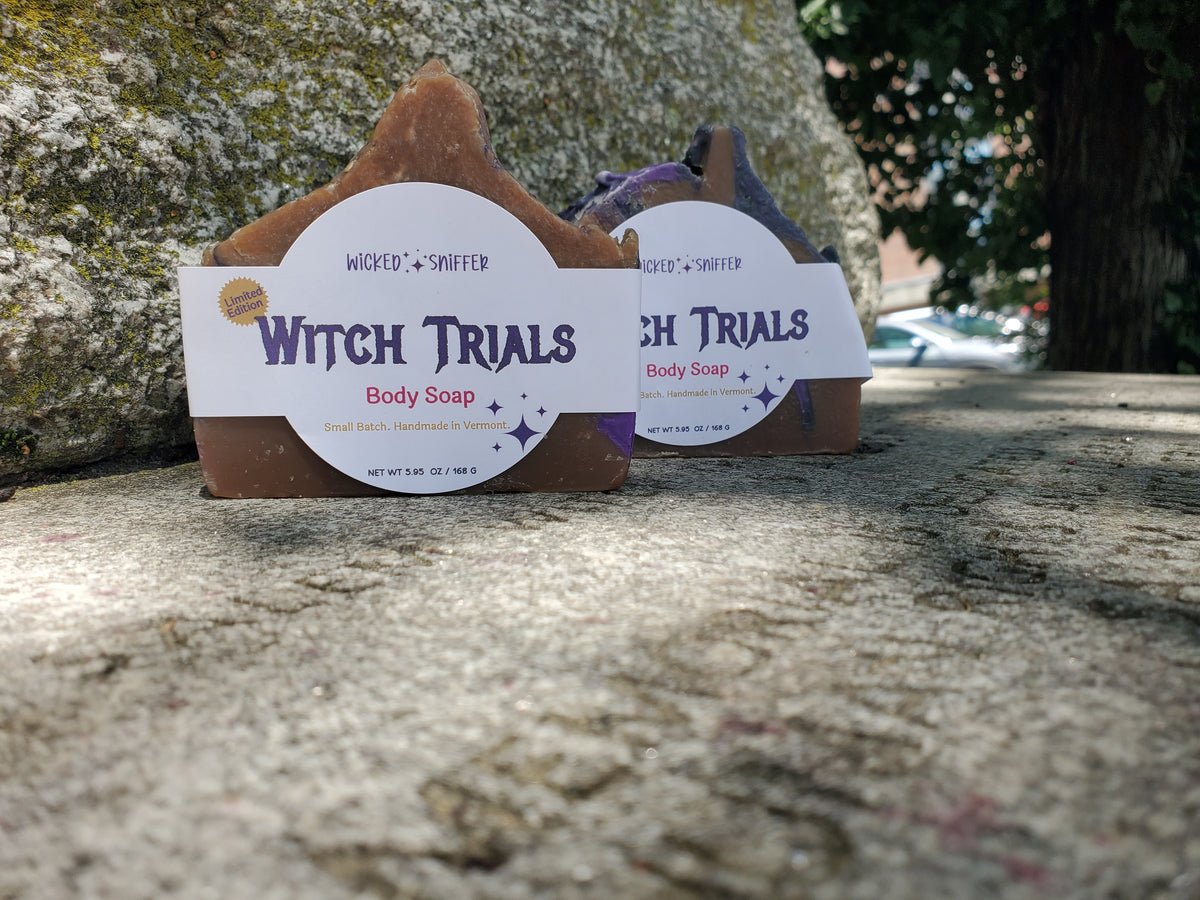 Two bars of Wicked & Sniffed Witch Trials Body Soap standing on a stone surface outdoors, with one brown soap in front and one purple soap behind it.